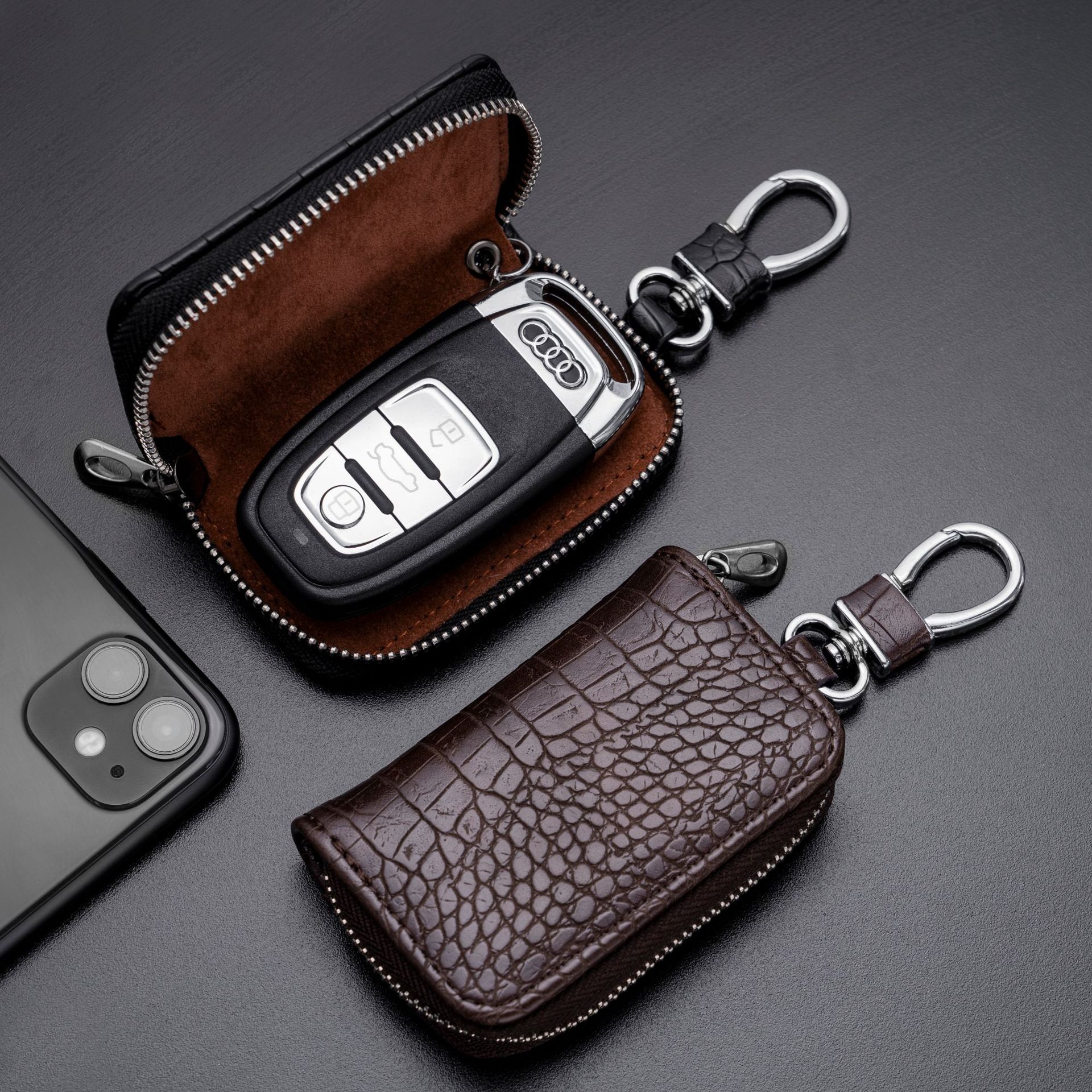 Cross-border men's and women's universal car key case zipper waist key case crocodile pattern business key chain full figure