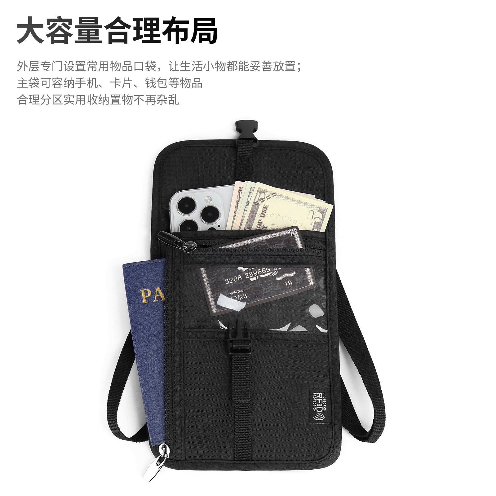 Wholesale of new cross-border RFID anti-shielding and anti-fraud large-capacity PVC neckline Oxford cloth passport bags and document bags Application Scenario