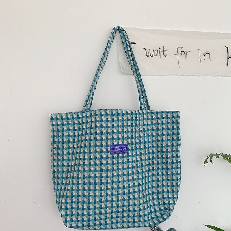 28111 Korean-style ins woolen retro checkered single-shoulder bag, versatile canvas bag, large capacity handbag for students, women details Picture