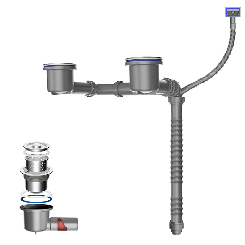 Kitchen stainless steel sink drain pipes with single and double slots, valve core integrated, washable and space-saving drain Item Picture