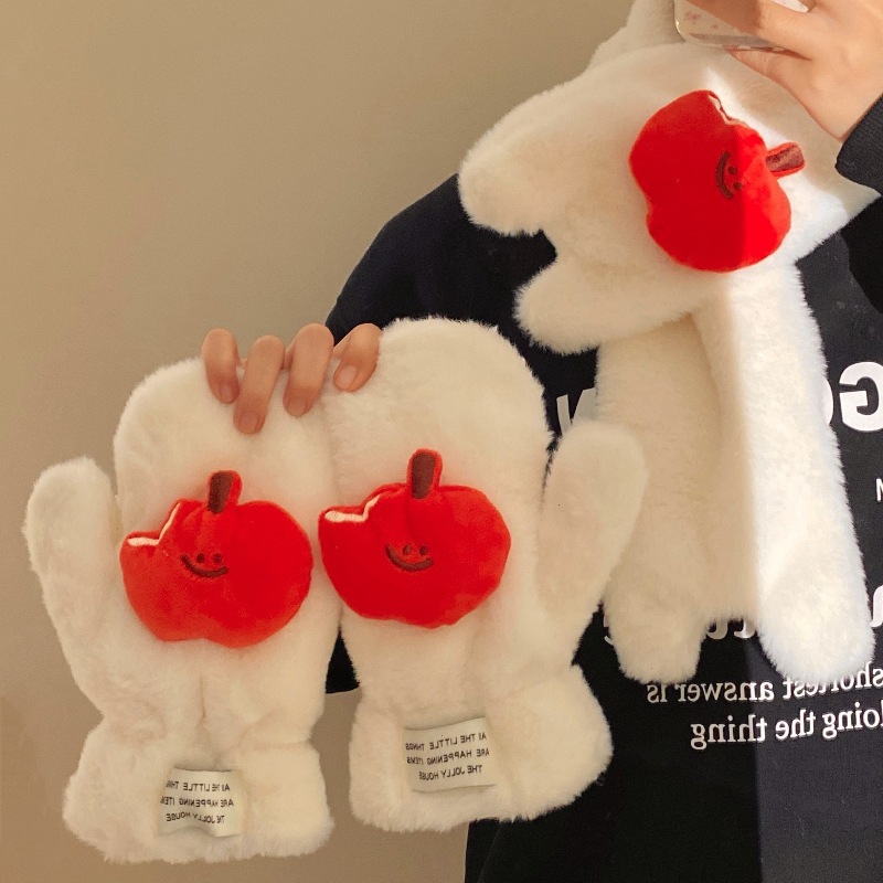 Cute apple plush gloves for women 2024 new style for autumn and winter cycling warmth, fleece windproof, neck-hanging and finger-connecting for cold protection full figure