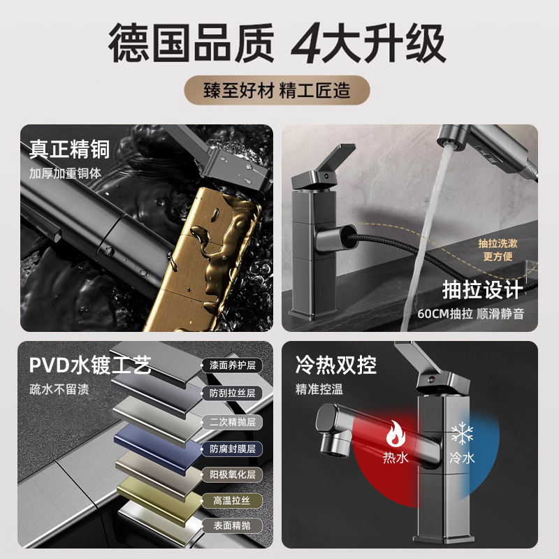 Copper washbasin, pull-out faucet, bathroom washbasin cabinet, cold and hot water, bathroom washbasin faucet Application Scenario