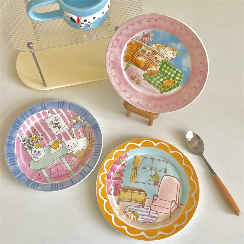 Cute and childlike cartoon ceramic plates, high-quality Korean-style household tableware, dessert plates, salad breakfast plates, ceramic flat plates full figure