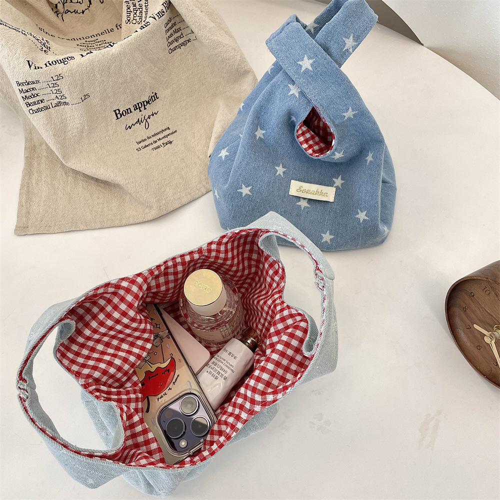 5461 Cute new denim handbag for portable storage when going out, a color-matched red checkered hand-held small bag Application Scenario
