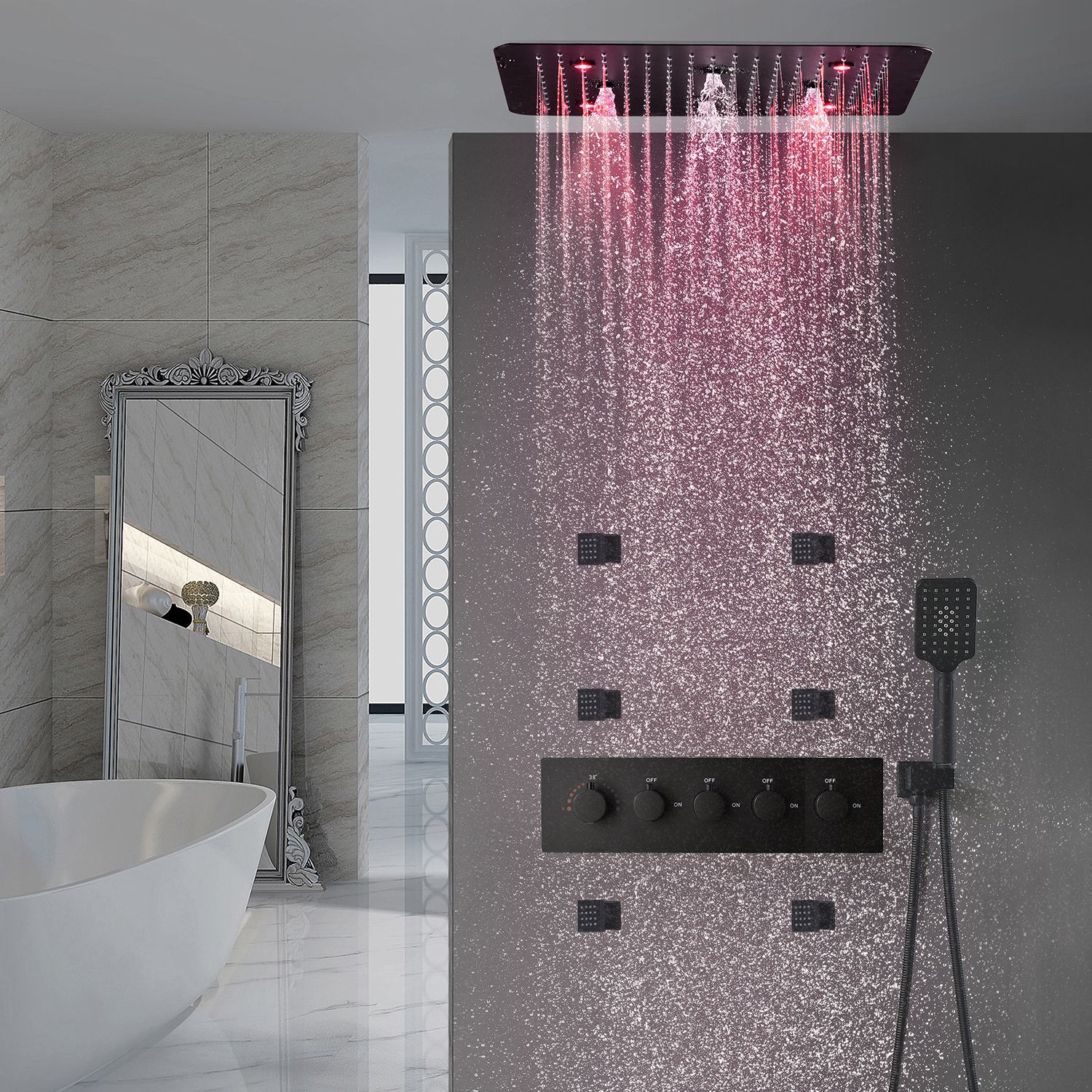 Black ultra-thin stainless steel top spray, seven-color light, automatic color change, multi-functional water outlet, constant-temperature shower head full figure