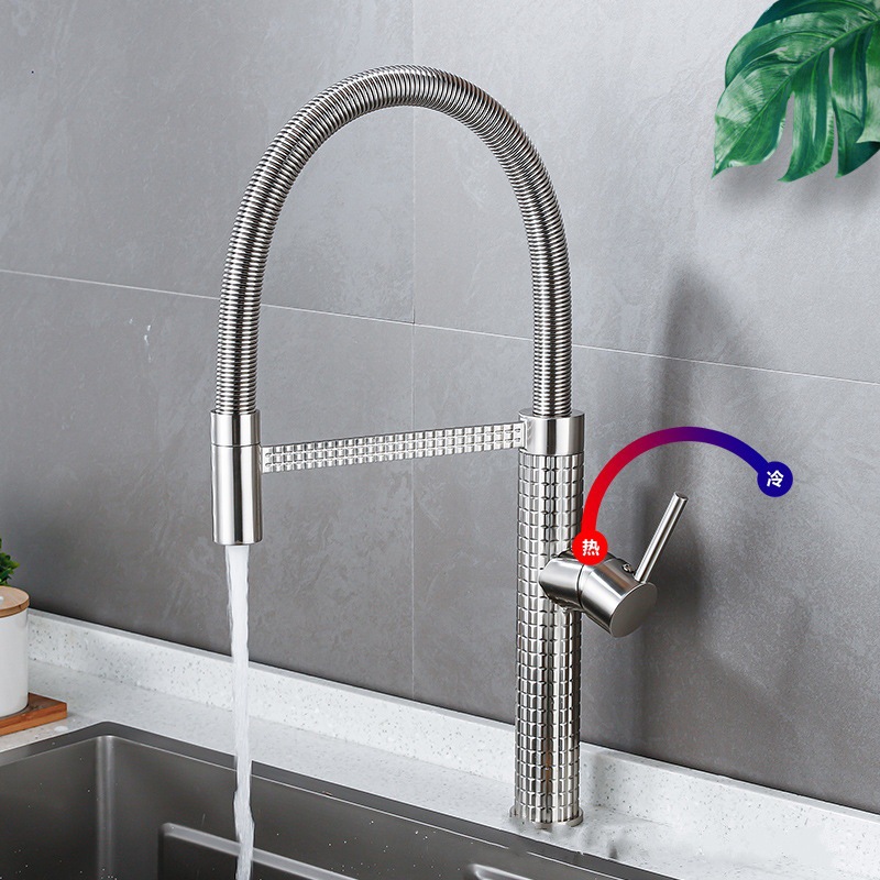 Kitchen carved spring faucet, household cold and hot high-end brass universal rotating pull-out telescopic sink Specification drawing