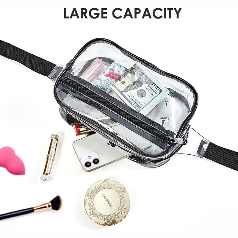 The transparent waist bag men's and women's stadium approved belt straps with adjustable shoulder straps are suitable for festival game trips Specification drawing