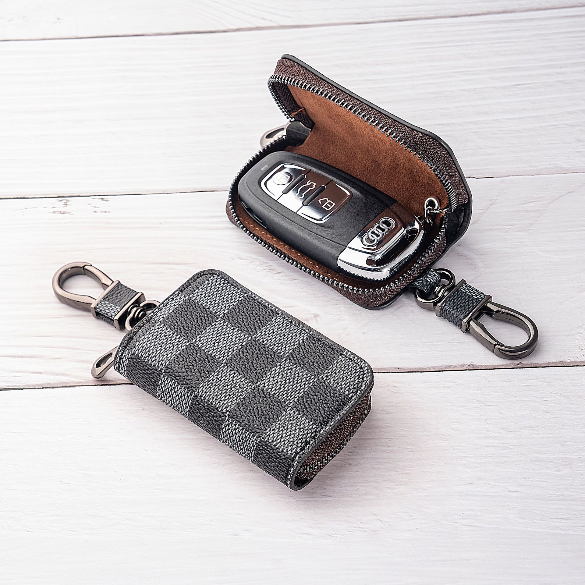 New Korean-style business checkered car key case, car zipper fashion case, universal version full figure