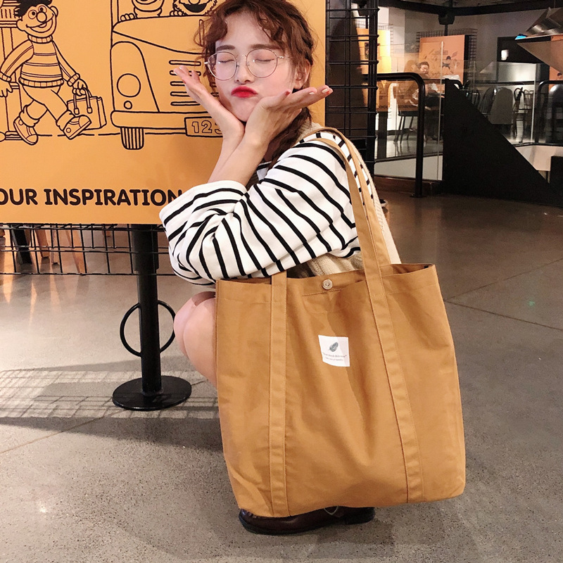 910242 Coffee solid color, fresh and simple ins, artistic and retro forest-themed women's single-shoulder canvas bag tote bag details Picture