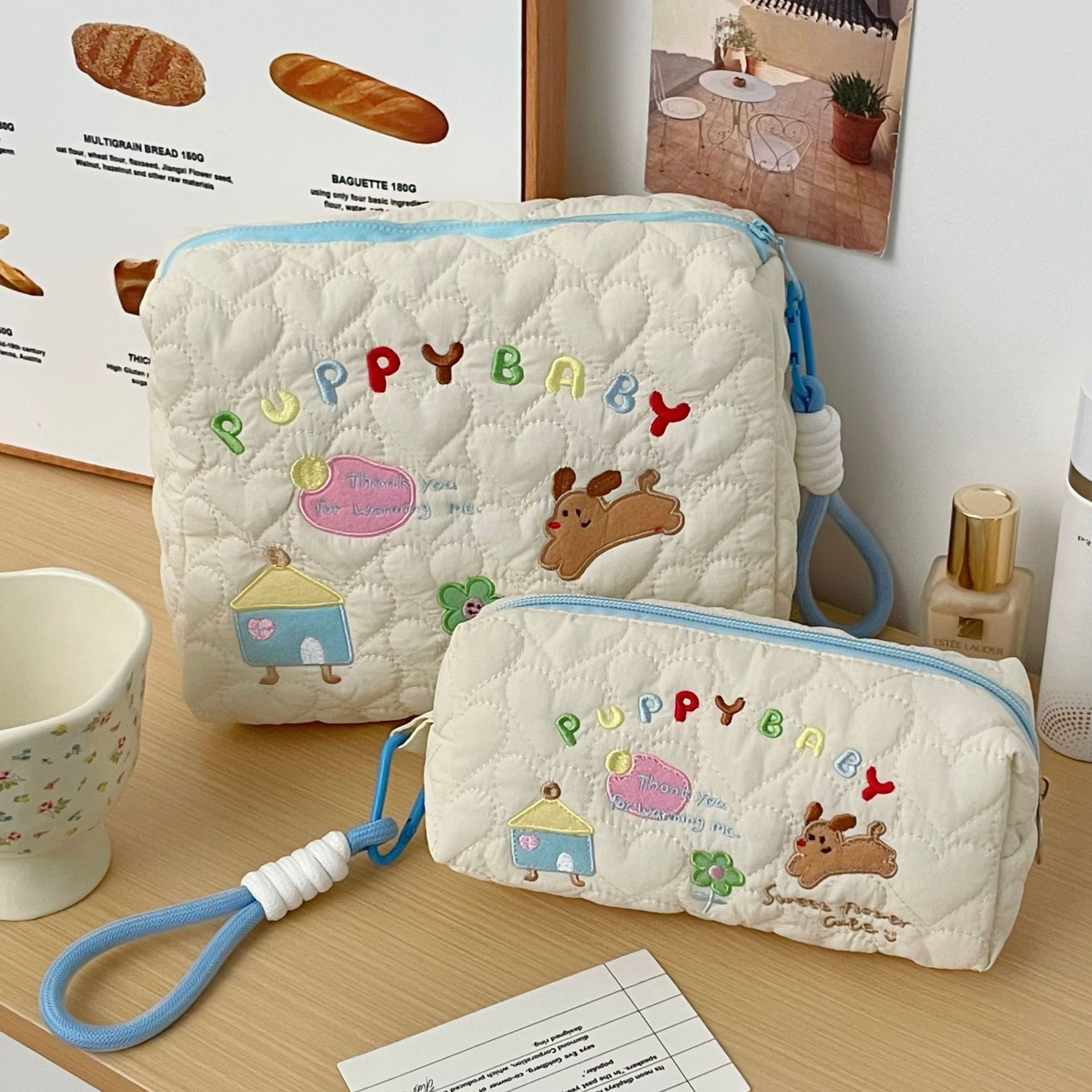 Ins-style embroidered puppy makeup bag for girls, new cute cartoon illustration student stationery bag, large-capacity storage bag full figure