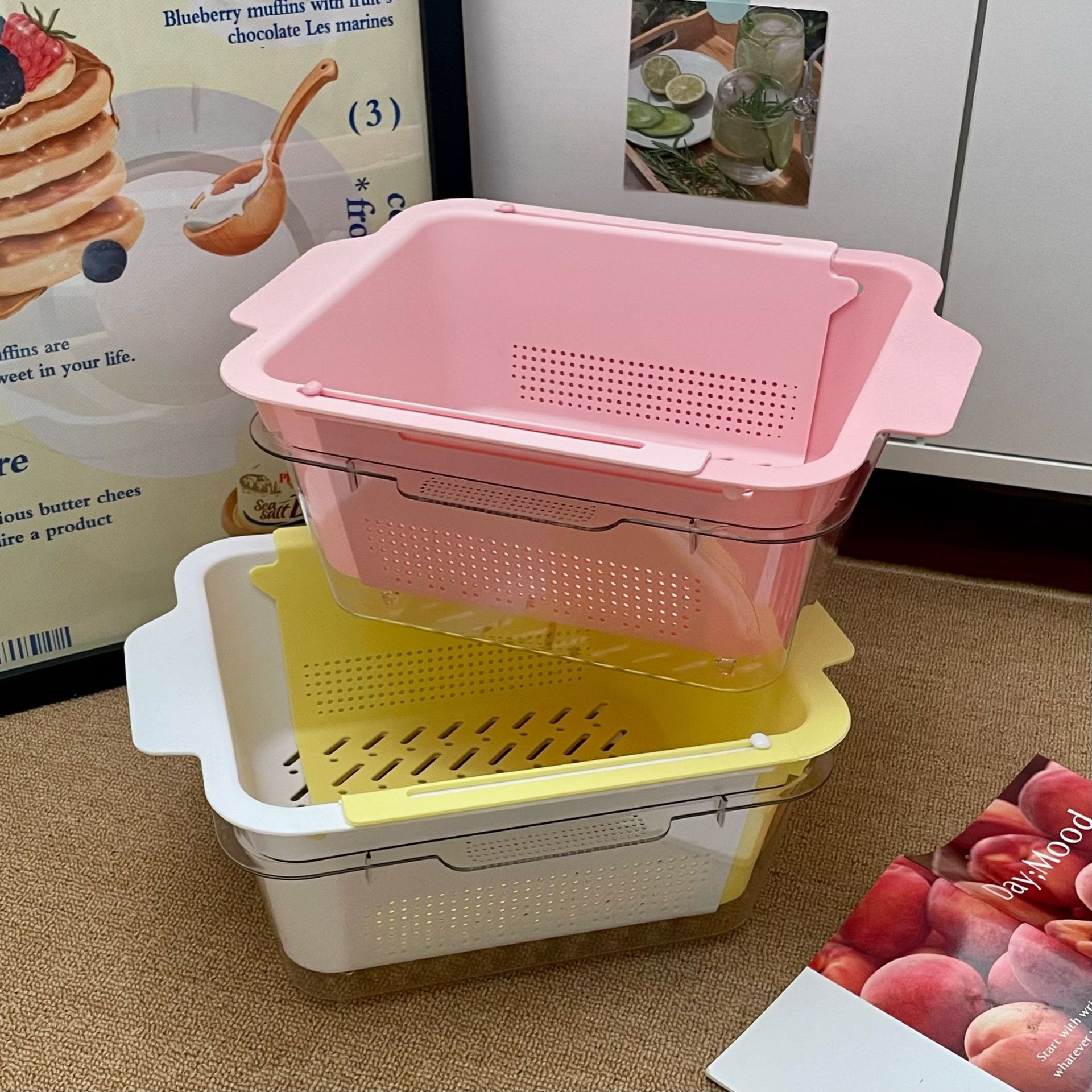 Retractable draining basket, macaron-colored double-layer dual-purpose multi-functional fruit plate, vegetable basket, home kitchenware full figure