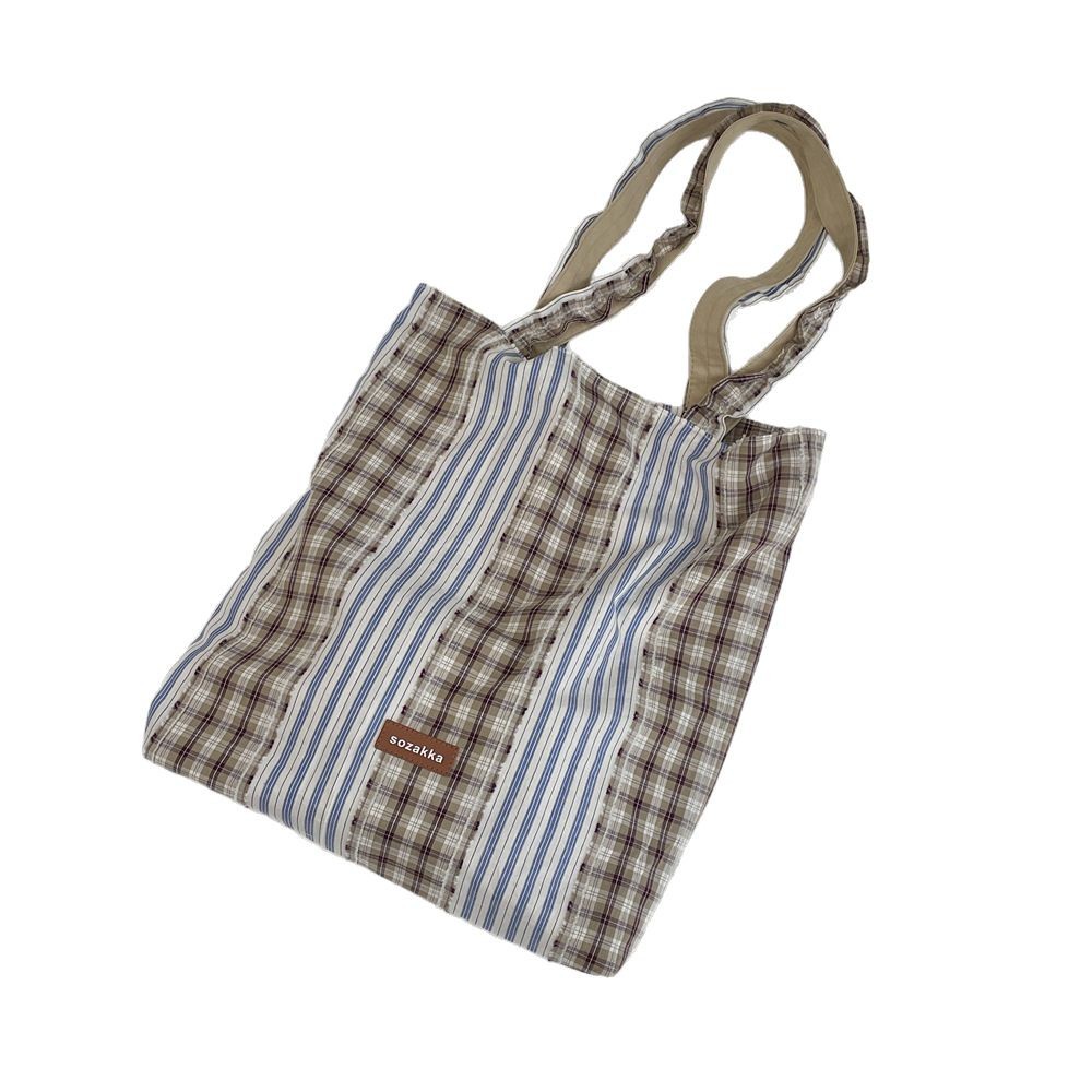 5313 Retro checkered patchwork single-shoulder bag, large-capacity commuter versatile tote bag, new Spring and summer women's fabric bag Item Picture