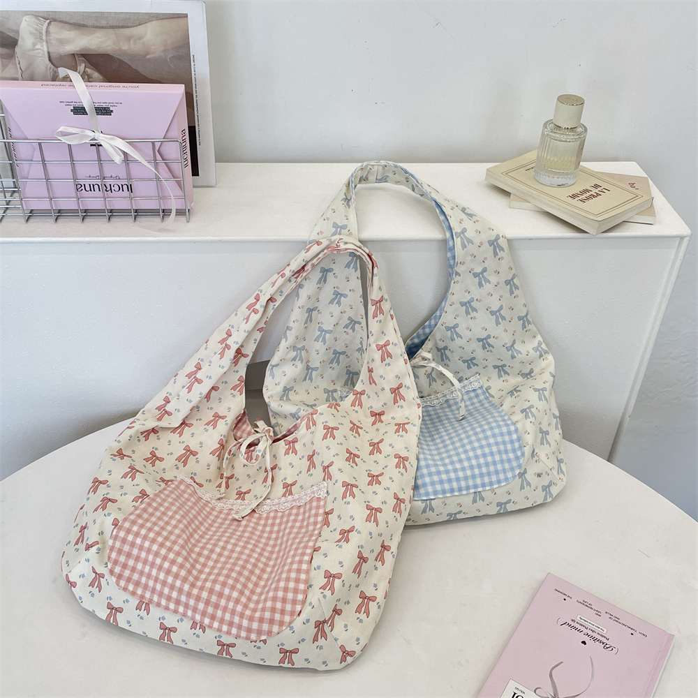 5591 Korean-style floral checkered tie bow single-shoulder bag for spring and summer casual travel, large-capacity tote bag full figure