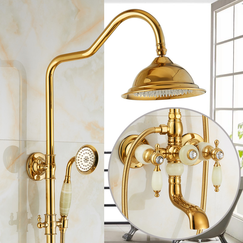 European-style shower head set, golden lapis lazuli marble shower head, antique faucet, all-copper mixing valve, retro style Application Scenario