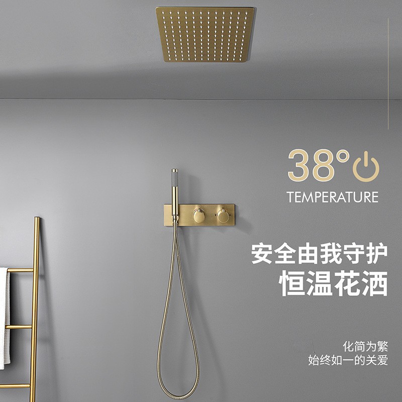 For export, the brushed gold two-function concealed constant-temperature wall-mounted shower head, faucet, embedded box, ceiling-mounted, all made of copper full figure