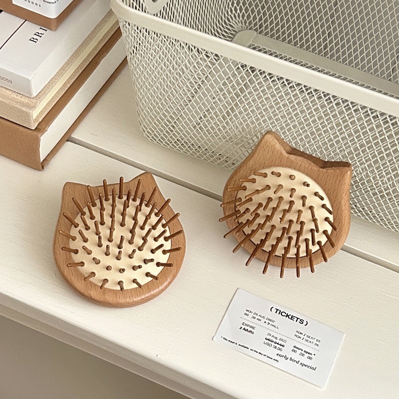 Mini and cute cat airbag comb, small beech wood portable round comb, massage scalp and hair care comb, portable wooden comb for women Specification drawing