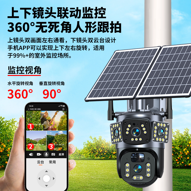 F Solar surveillance camera: 360-degree unobstructed view, mobile phone remote home outdoor ultra-clear night vision outdoor camera Application Scenario