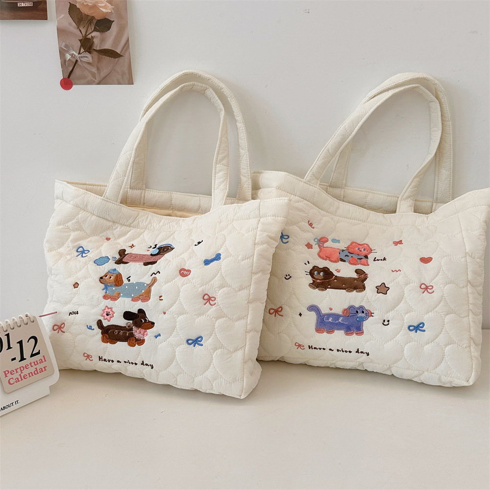 49243 Cute Little cat embroidered handbag, Korean ins quilted tote bag, women's shopping bag for shopping, Mommy bag full figure