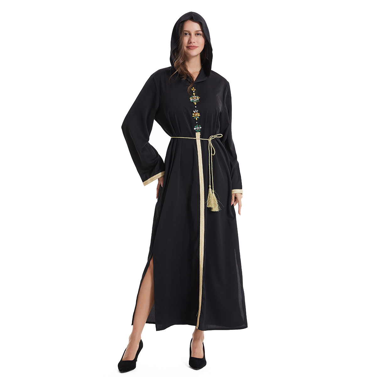 Factory stock: Women's hooded long-sleeved dress with woven tape, hand-sewn and diamond robe, Middle Eastern Arab women's long dress abaya robe, women's hooded Muslim style details Picture