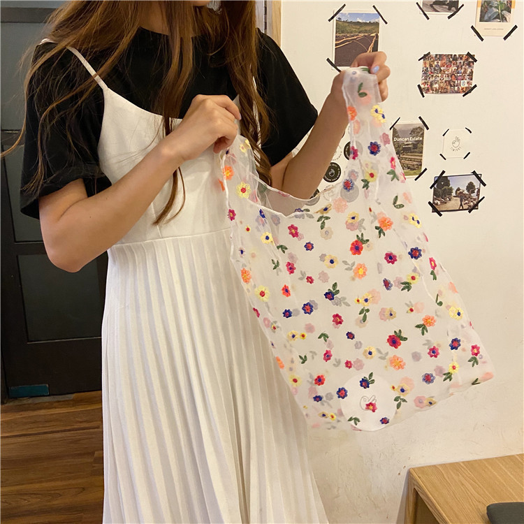 0492 New style mesh embroidered colorful flower fairy Bag, cute and fresh mesh hand-carry bag wholesale supply Specification drawing