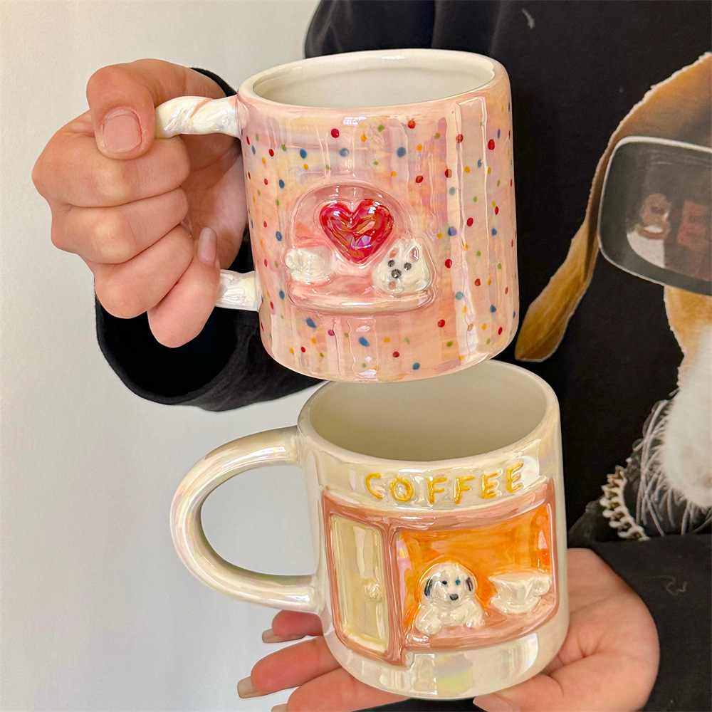 Cute pearlescent embossed puppy mug, girlish heart, high appearance level ceramic cup, couple breakfast coffee cup, water cup full figure