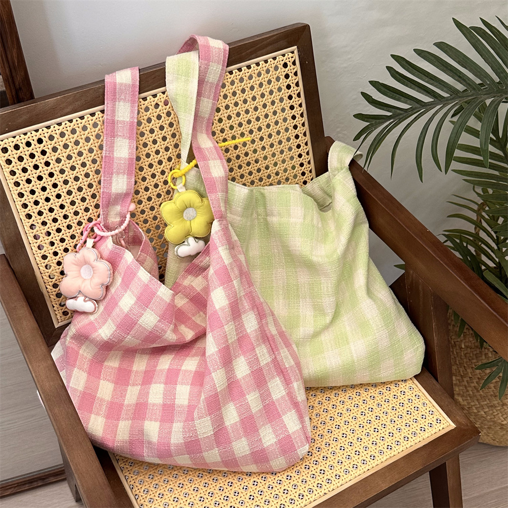 4481 New ins Korean underarm bag, cream blue checkered canvas bag, casual student single-shoulder crossbody bag Specification drawing