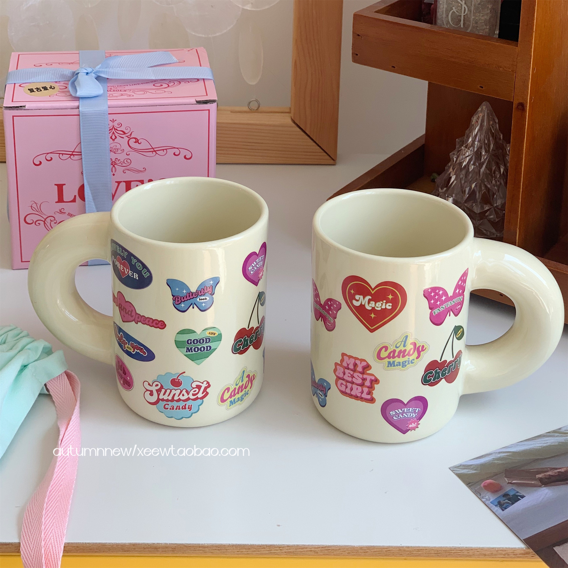 High appearance level, chubby handle ceramic cups, cute cat mugs, niche and girlish coffee cups and water cups, gift box set Item Picture