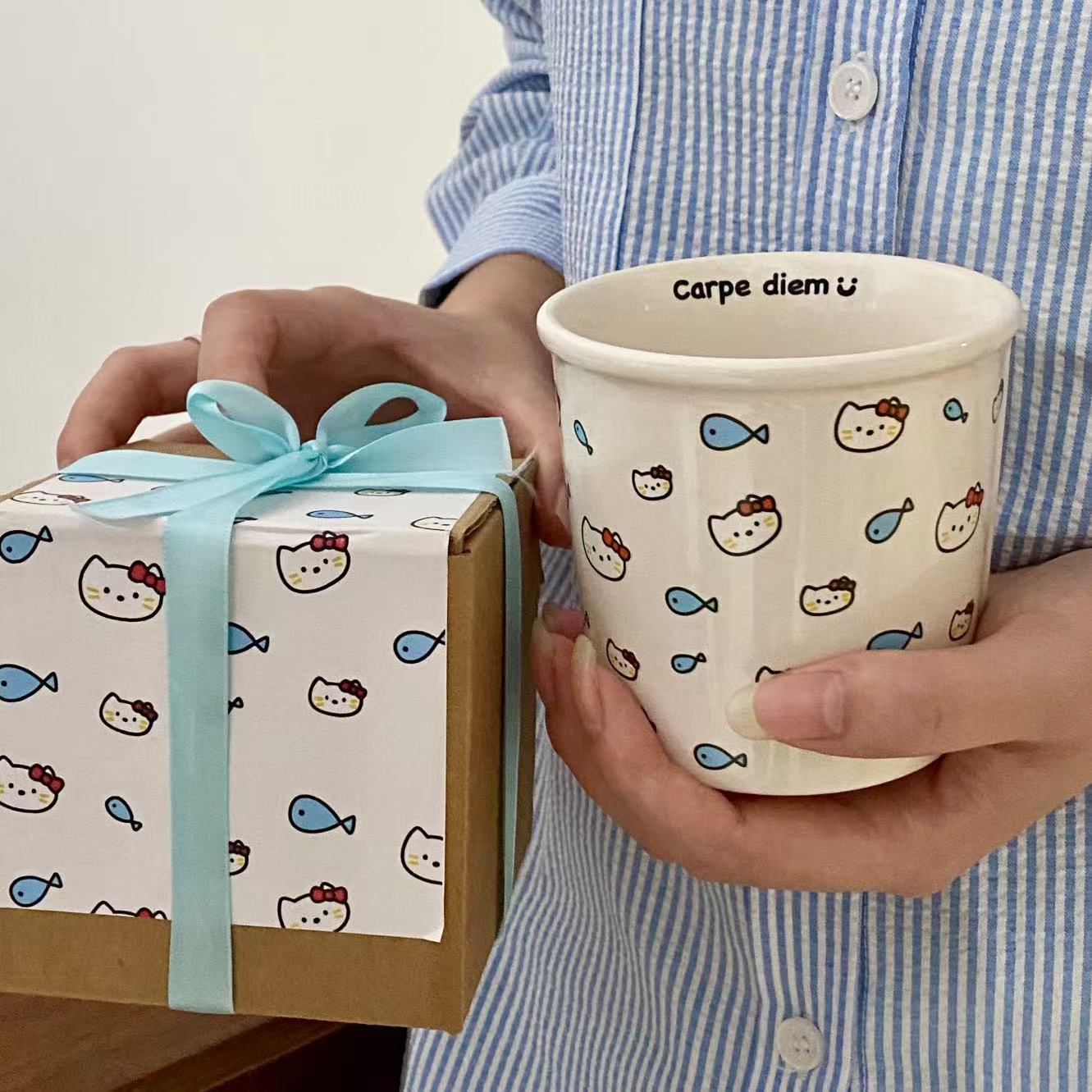 ins cat eating fish ceramic cup mug, cute paper cup shape, hand-held cup, coffee cup, birthday gift, water cup full figure