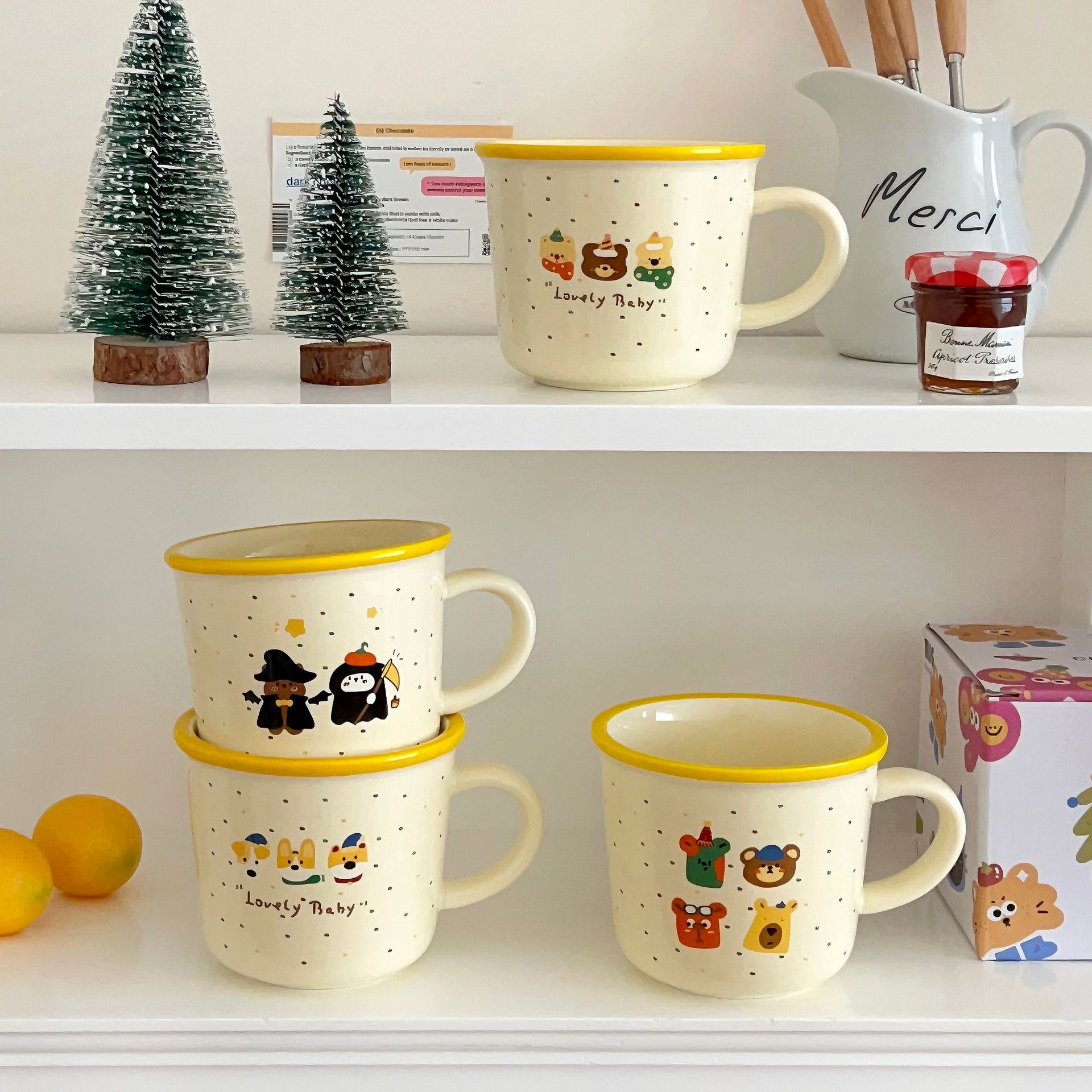 Cartoon yellow-edge coffee cups, mugs, cute animal illustrations, milk coffee water cups, ceramic cups, gift boxes Specification drawing