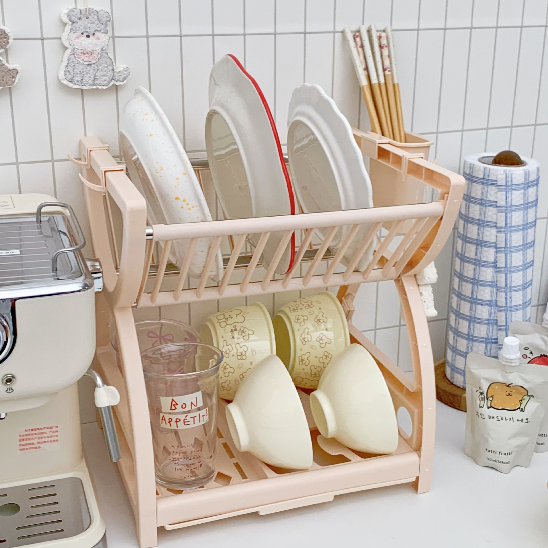Minimalist kitchen storage rack, multi-functional storage rack for bowls, plates, chopsticks, knives, double-layer tableware draining rack and storage box Specification drawing