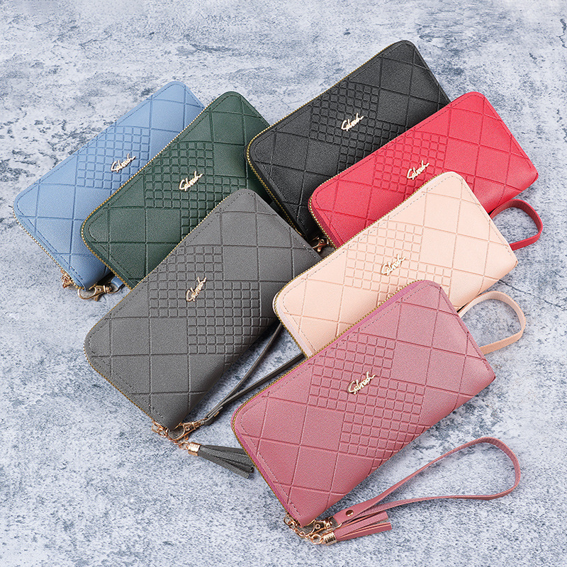 Korean-style long wallet for women, hand-held bag with mobile phone, wallet, cross-border wallet, long embossed zipper clutch for women Specification drawing