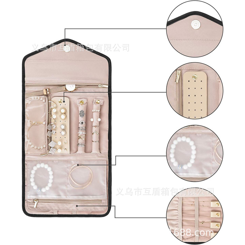 Travel jewelry storage box, roll-type foldable jewelry box, suitable for travel rings, necklaces, bracelets Specification drawing