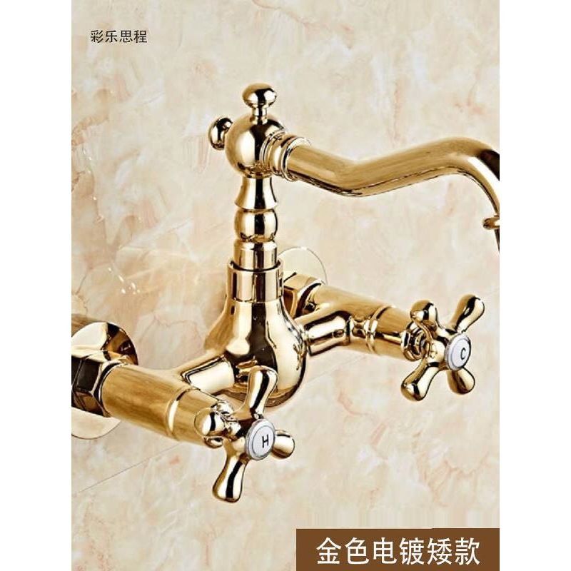 European-style all-copper, ancient gold color, built-in, retro wooden bucket, double-hole kitchen, laundry sink, washbasin, rotating hot and cold water faucets Item Picture