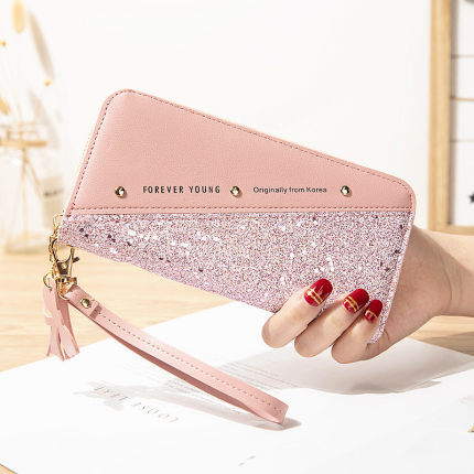 2021 New style wallet, long zipper wallet for women, Korean version, spliced color contrast tassel, versatile card case, mobile phone case full figure