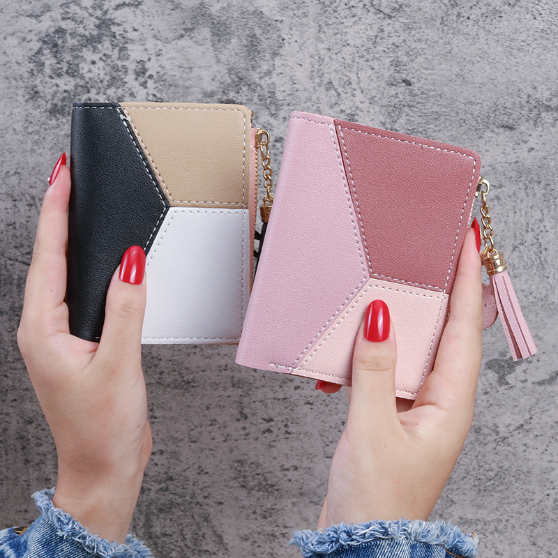 A new short Korean-style, color-blocking, fringed, ultra-thin two-fold wallet for women, a fresh card case, and a women's coin purse full figure