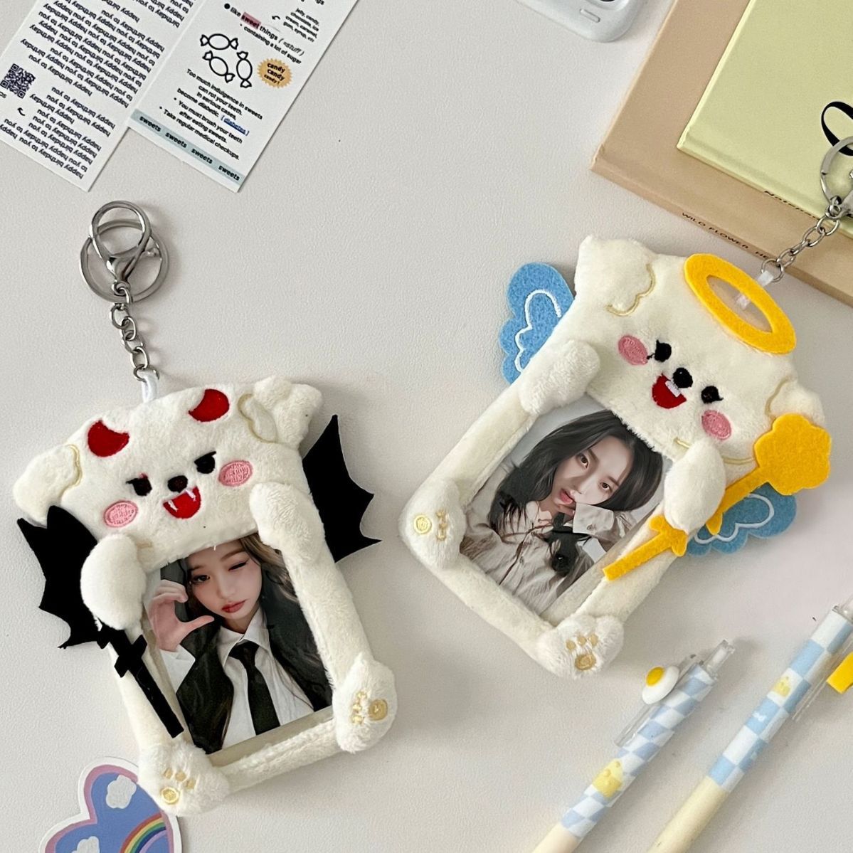 Angel and Devil plush card case, Korean InS-style Polaroid Guka idol small card display pendant, couple style Item Picture