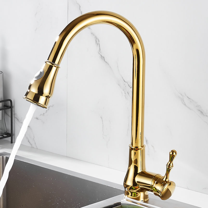 All-copper gold kitchen faucet, pull-out sink, hot and cold household telescopic rotating sink faucet details Picture