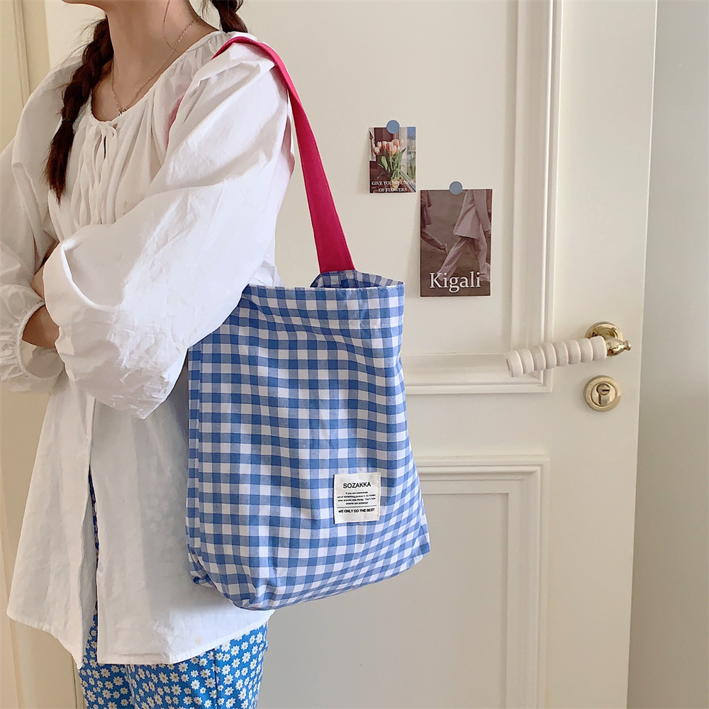 38251 canvas bag for Women, 2023 New style contrasting color checkered single-shoulder fabric bag, college students' artistic commuting tote bag Specification drawing