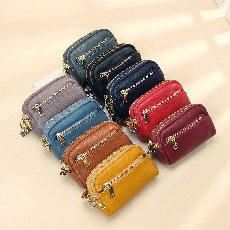 New top-grain cowhide hand-held small wallet, simple, mini and compact three-zipper genuine leather coin purse for ladies details Picture