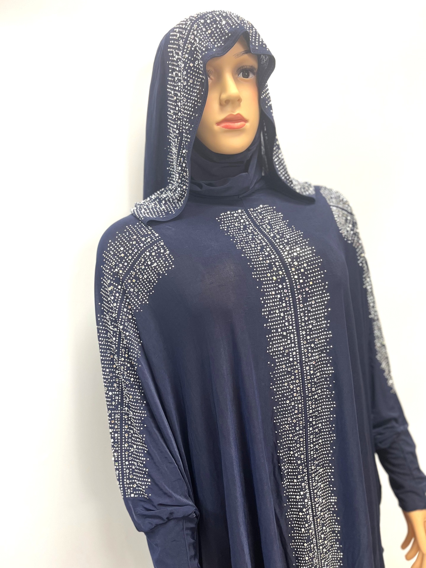 Manufacturer's cross-border large-sized African-style ice silk hot diamond double hat loose prayer dress, set skirt, Arab burqa, abaya long robe, women's hooded Muslim Specification image