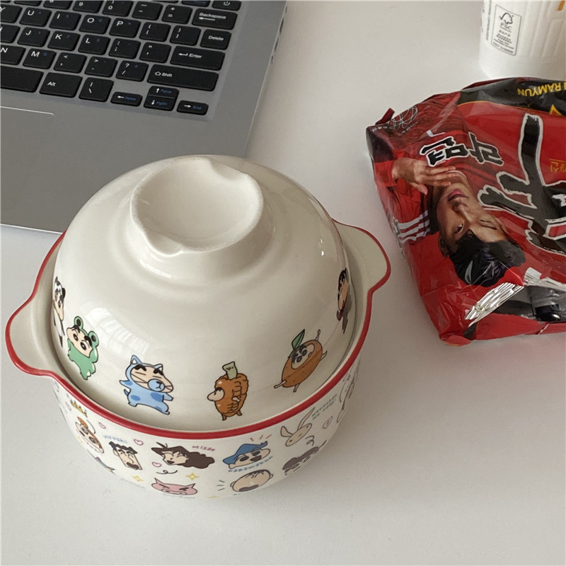 Ins-style cute cartoon instant noodle bowl with lid, large-capacity Japanese girlish ceramic bowl, breakfast bowl, household tableware details Picture