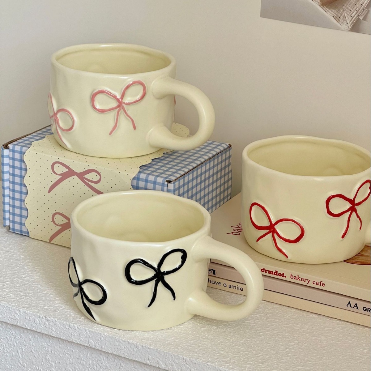 Bow mugs for girls, high appearance level, home breakfast cups, office ceramic water cups, couple cups, gift box set Specification drawing
