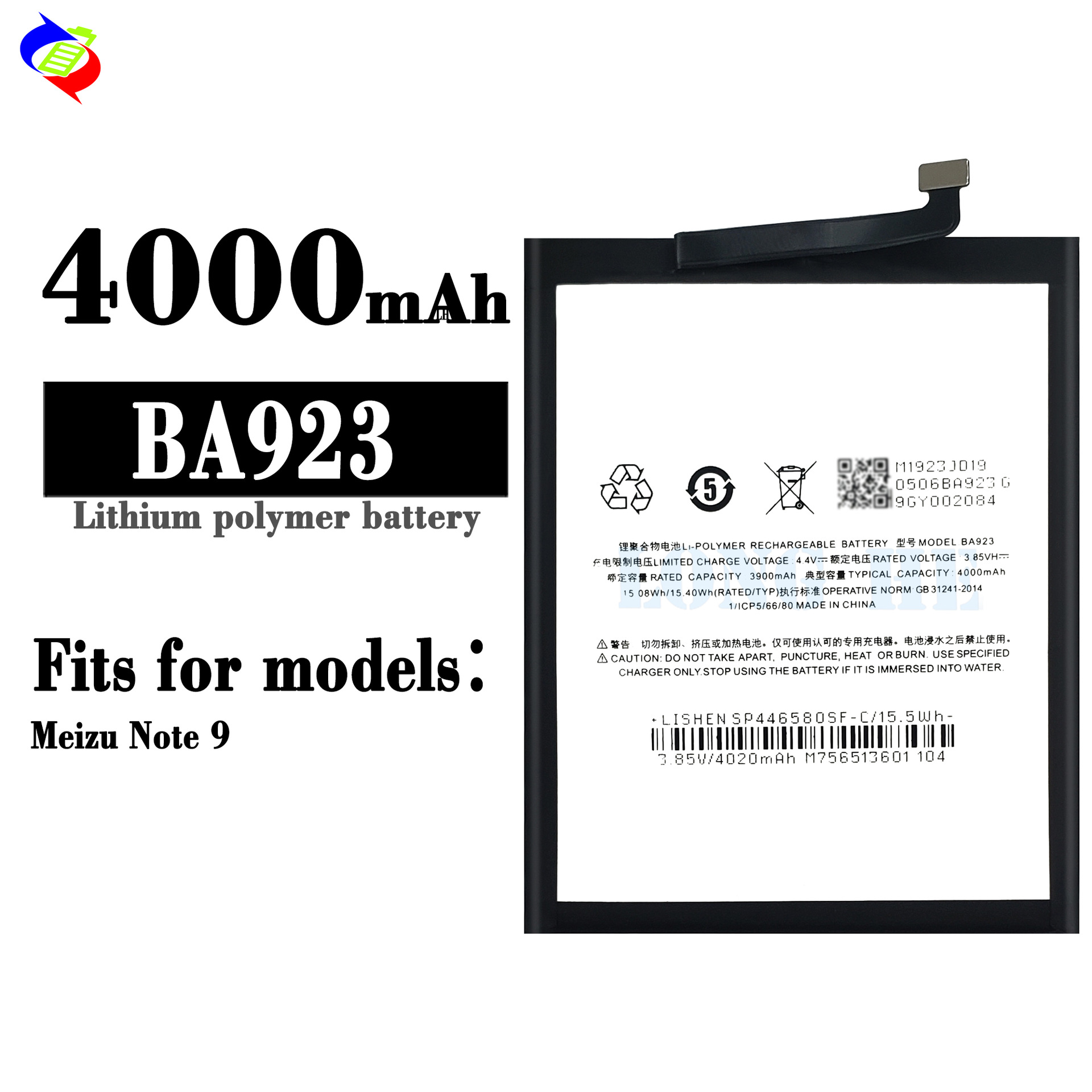 Wholesale and in-stock of large-capacity 4000mah built-in charging pad BA923 for Meizu NOTE 9 mobile phone battery full figure