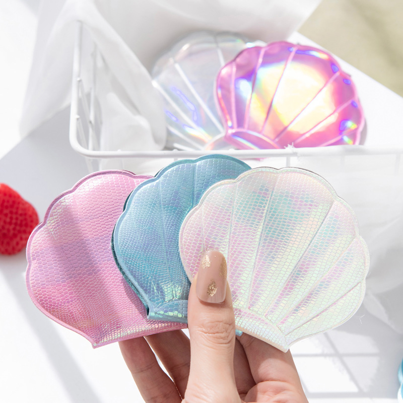 Dreamy laser color girl heart flash shell fairy small mirror Portable and portable, double-sided touch-up makeup mermaid girl details Picture
