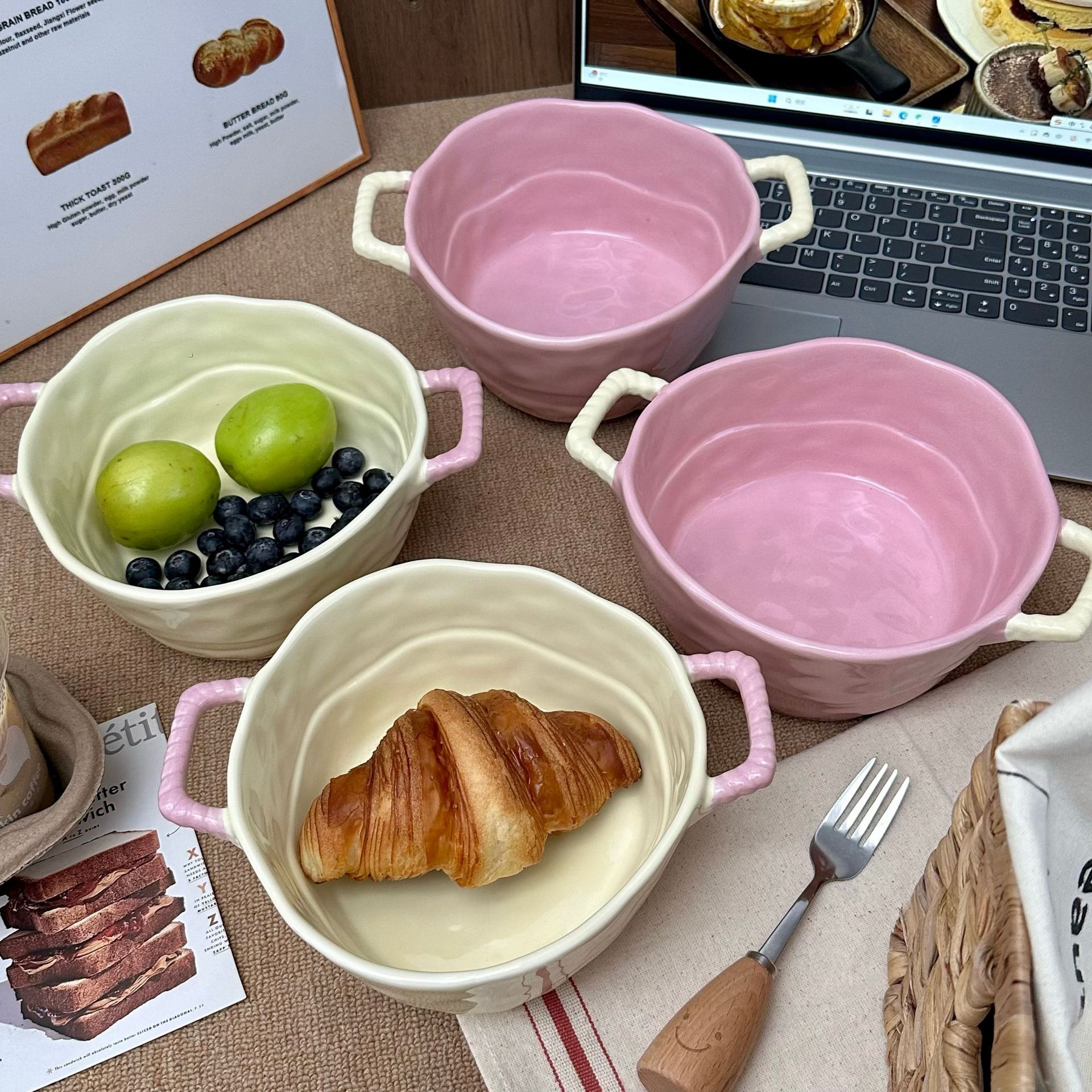 High-quality double-eared ceramic tableware for home use and dormitories, instant noodle bowls, soup bowls, noodle bowls, salad and fruit bowls, baking bowls Specification drawing