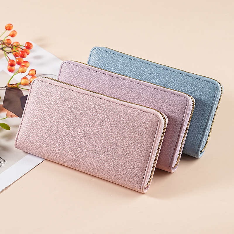 Cross-border wallet for women, long, lychee textured genuine leather soft leather wallet, large-capacity wallet, women's change holder full figure
