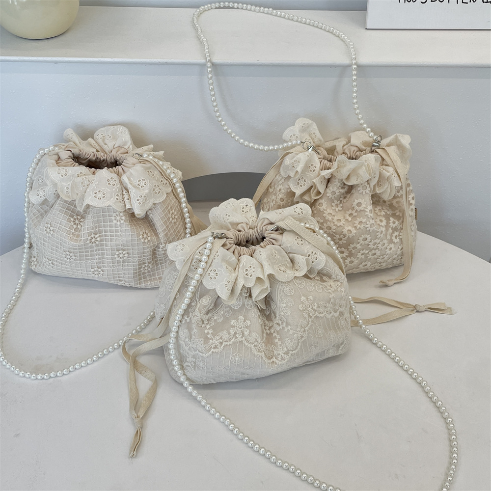 54201 New trendy and fashionable lace versatile drawstring bucket bag, single-shoulder crossbody bag, pearl strip women's small bag details Picture