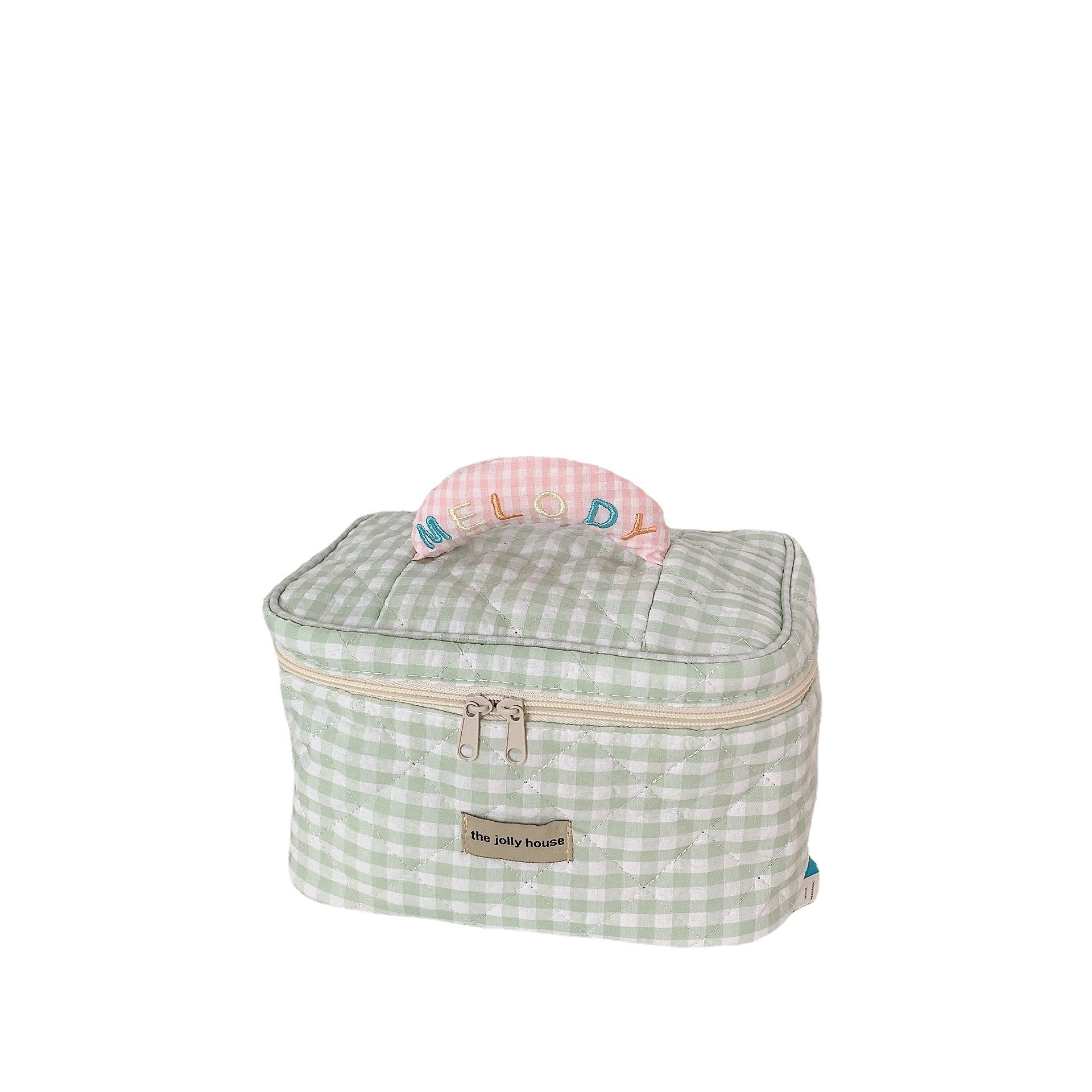 25252 Fresh and light macaron-colored checkered makeup bag, cotton large-capacity hand-held storage bag, toiletry bag for women Item Picture