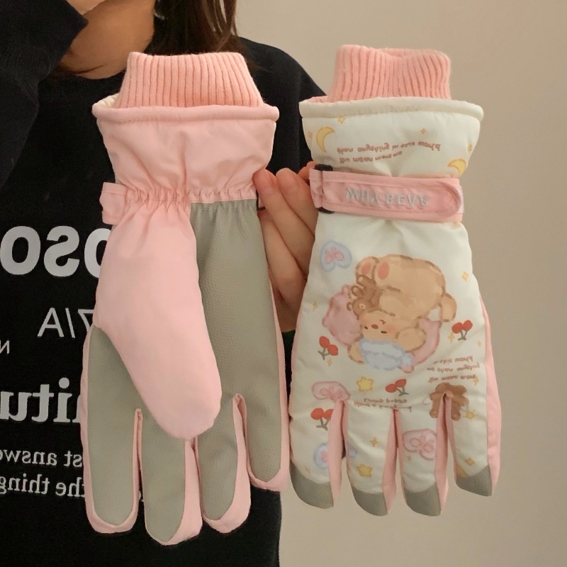 Cartoon bear ski gloves, winter supplies, outdoor gloves, student cycling windproof and cold-proof five-fingered gloves for warmth Specification drawing