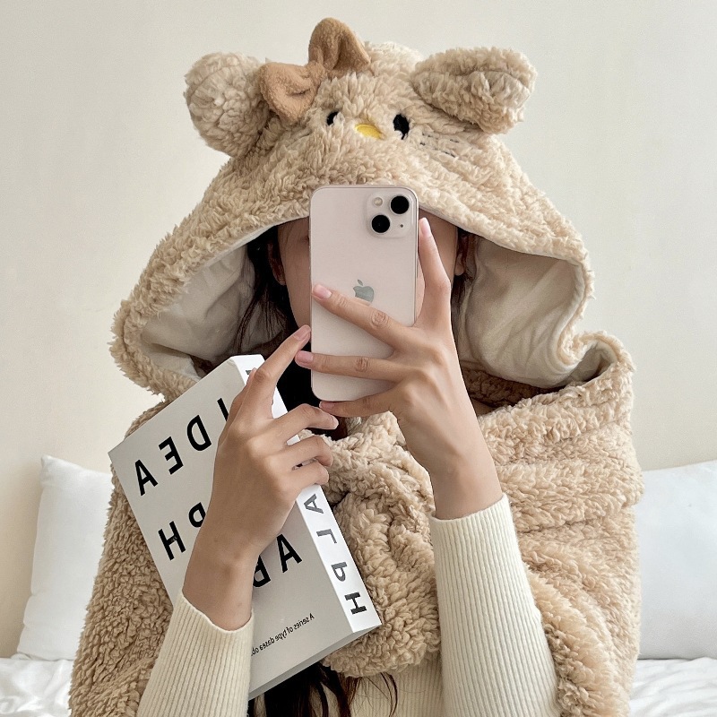 Cute cartoon kitten shawl 2024 new autumn and winter thickened warm blanket with hat, velvet blanket, nap blanket cape details Picture